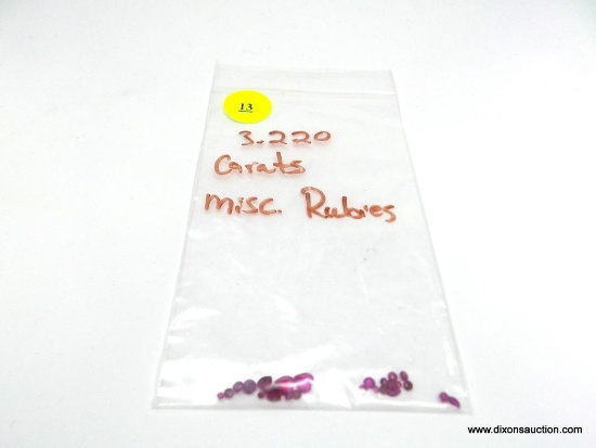 OUR NEXT LOT IS A BAG OF LOOSE MISCELLANEOUS RUBIES THAT WEIGH A TOTAL OF 3.22 CARATS. THIS BAG