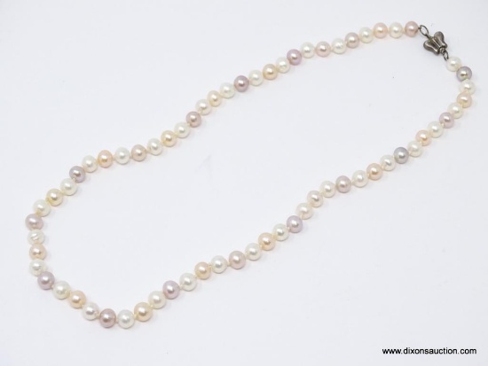 VINTAGE STERLING SILVER AND PEARL 19.25 IN LONG NECKLACE. THIS NECKLACE FEATURES HAND-KNOTTED PEARLS