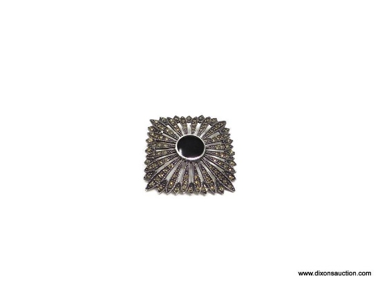 NEXT ITEM UP: A BEAUTIFUL STERLING SILVER, ONYX, AND MARCASITE PIN. THIS PIECE MEASURES 1.5 IN