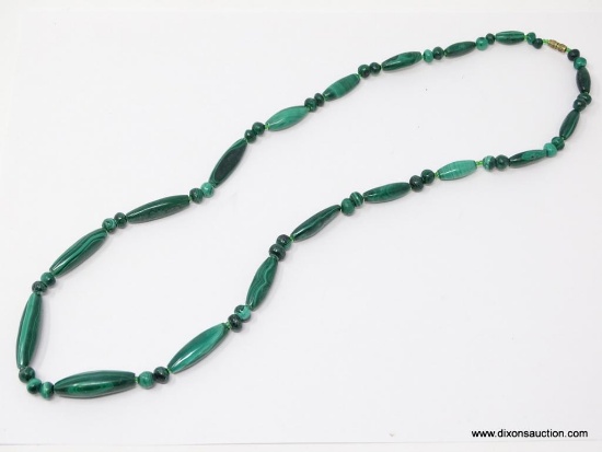 VINTAGE MALACHITE BEADED NECKLACE. MEASURES APPROXIMATELY 25 IN LONG AND HAS A BARREL CLASP THAT