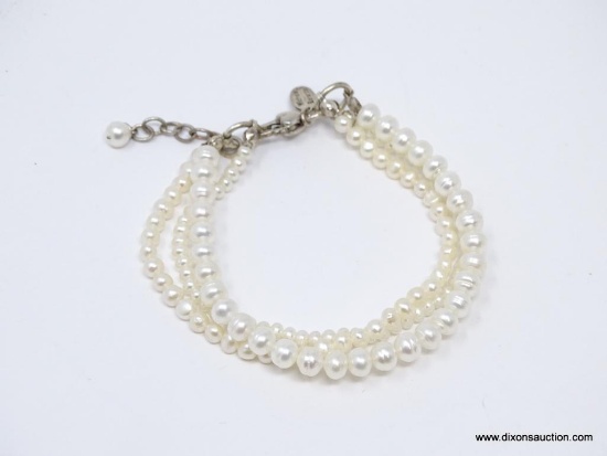 DESIGNER SIGNED MICHELE BARRATA .925 STERLING SILVER WITH PEARL THREE STRAND BRACELET. MEASURES 7