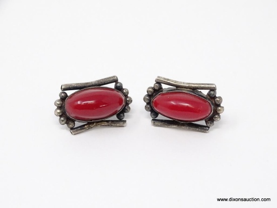 VINTAGE PAIR OF STERLING SILVER AND CORAL SCREW BACK EARRINGS. SIGNED .925 AND GUAD-MEXICO. THESE