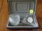(DR) WATERFORD CRYSTAL CLOCK IN PYRAMID SHAPE ALONG WITH BLUE JEWELRY CASE AND SMALL GLASS HEART