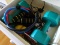(LR) FITNESS ITEMS LOT; LOCATED IN DRAWER IN ENTERTAINMENT CENTER. WEIGHTS, BUNGEE STRETCHING BANDS,