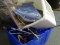 (GAR) LAUNDRY HAMPER LOT; INCLUDES WHITE HAMPER, BLUE RECYCLE BIN, AND CONTENTS SUCH AS 2 NEW TARPS