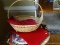 (FOY) TABLE DECOR/LINENS LOT; INCLUDES RED TABLECLOTH, WOODEN NAPKIN RINGS, PLACEMATS, CENTERPIECE