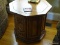 (LR) OAK OCTAGONAL END TABLE WITH LOWER CABINET; VINTAGE STYLE WITH SIDE PANEL DOORS AND LOWER