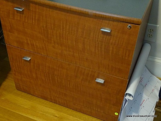 (OFF) 2-DRAWER WOOD GRAIN FILING CABINET. EACH DRAWER HOLDS 2 ROWS OF FOLDERS. GREY GRANITE LOOK