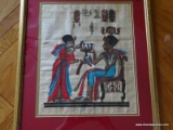 (DR) FRAMED AND DOUBLE MATTED EGYPTIAN SCENE PRINTED ON FABRIC. MEASURES 15