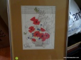 (DR) FRAMED FLORAL/BUTTERFLY PRINT; MATTED IN TAN IN A BRUSHED SILVER TONE FRAME. MEASURES 16