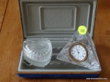 (DR) WATERFORD CRYSTAL CLOCK IN PYRAMID SHAPE ALONG WITH BLUE JEWELRY CASE AND SMALL GLASS HEART