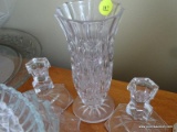 (DR) CUT GLASS LOT; INCLUDES PAIR OF CANDLESTICK HOLDERS, BUD VASE, AND 4 ASSORTED CANDY/NUT DISHES.