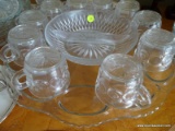 (DR) GLASS SET WITH 10 CUPS ON A LARGE TRAY WITH SECTIONED CENTER DISH.