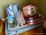(DR) CHRISTMAS BOX LOT; INCLUDES 2 LARGE FLAT BOX STORAGE CONTAINERS WITH CONTENTS. HOLIDAY DECOR