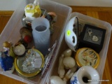 (LR) LOTS OF ITEMS IN SMALL PLASTIC BOXES; INCLUDES WOODEN FIGURINES, SMALL TEAPOT, LOVE KEYCHAIN,