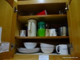 (K) KITCHEN CABINET LOT; INCLUDES UPPER CABINET CONTENTS SUCH AS COFFEE MUGS, PLATES, BOWLS, ROCKS