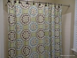 (BA1) BATHROOM ACCESSORIES; TISSUE BOX COVER AND FABRIC SHOWER CURTAIN WITH RINGS, MEDALLION PRINTED