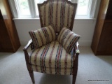 (UP) CHAIR; VICTORIAN STYLE ARMCHAIR WITH OPEN SIDE, UPHOLSTERED SEAT AND BACK. FRONT LEGS MOLDED