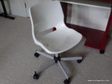 (UP) ROLLING OFFICE CHAIR; MOLDED WHITE PLASTIC SEAT/BACK ATOP A BRUSHED METAL PEDESTAL WITH 5 LEGS