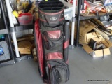 (GAR) GOLF BAG BY RJ GOLF; RED/BLACK IN COLOR. IN GOOD CONDITION AND COMES WITH PADDED CARRYING