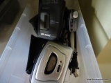 (LR) ELECTRONICS BOX LOT; SMALL DEVICES SUCH AS MICROCASSETTE RECORDER AND PORTABLE CASSETTE