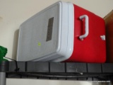 (GAR) RED RUBBERMAID COOLER WITH WHITE LID AND HANDLE. MODEL # 1946/1952.