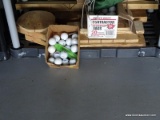 (GAR) SHELF LOT; CONTAINS PILE OF WOOD SCRAPS OF ASSORTED SIZES AND BOXES OF GOLF BALLS AND GOLF