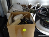 (GAR) BOX LOT; INCLUDES 2 SMALL CARDBOARD BOXES OF ADAPTERS, POWER CABLES, PLUG IN BOXES, AND MORE.