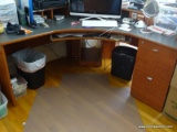 (OFF) LARGE CORNER OFFICE DESK; WOOD GRAIN SIDES WITH GREY TOP SURFACE AND SLIDE OUT KEYBOARD