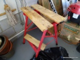 (GAR) TEAM MECHANIX WORK BENCH; RED FRAME WITH WOOD TOP. STANDS ABOUT 36