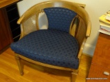 (OFF) PAIR OF BARREL BACK SIDE CHAIRS; DARK BLUE PATTERNED UPHOLSTERED SEAT CUSHIONS AND BACK SPLATS