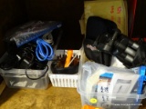 (OFF) BOX LOT; ITEMS IN SEVERAL SMALL CONTAINERS INCLUDING CORDS, WIRES, ADAPTERS, A TRIPOD IN NYLON