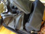 (FOY) LOT OF SOFT SIDED TOTES/LUGGAGE. INCLUDES ROLLING GARMENT BAG, BLACK LEATHER DUFFEL BAG, BLACK