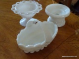 (FOY) MILK GLASS LOT; SMALL BASKET BY WESTMORELAND; SCALLOPED EDGES AND TOP HANDLE, MEASURES 6.5