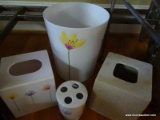 (FOY) WHITE BATHROOM ACCESSORIES; SET INCLUDES FLORA PATTERNED TISSUE BOX COVER, TOOTHBRUSH HOLDER,