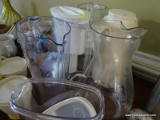 (FOY) ASSORTED LOT OF PITCHERS/CARAFES; INCLUDES 10 TOTAL PCS SUCH AS ETCHED GLASS PITCHER, BRITA
