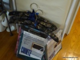 (FOY) ASSORTED HOME ACCESSORIES LOT; INCLUDES IRONING BOARD, 3 FABRIC COVERED HANGERS, 3 ROLLS OF