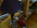 (FOY) LAMP LOT; INCLUDES RED DESK ORGANIZING LAMP, TABLE LAMP WITH PURPLE SHADE, AND BRUSHED CHROME