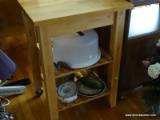 (FOY) KITCHEN CART/ISLAND; SOLID BLONDE WOOD CART WITH TWO ROWS OF SLATS BELOW FOR SHELVING STORAGE.