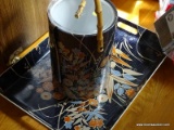 (FOY) ORIENTAL FLORAL PRINTED ICE BUCKET AND SERVING TRAY; SHADES OF BLUE, TAN, AND ORANGE. BUCKET