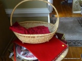 (FOY) TABLE DECOR/LINENS LOT; INCLUDES RED TABLECLOTH, WOODEN NAPKIN RINGS, PLACEMATS, CENTERPIECE