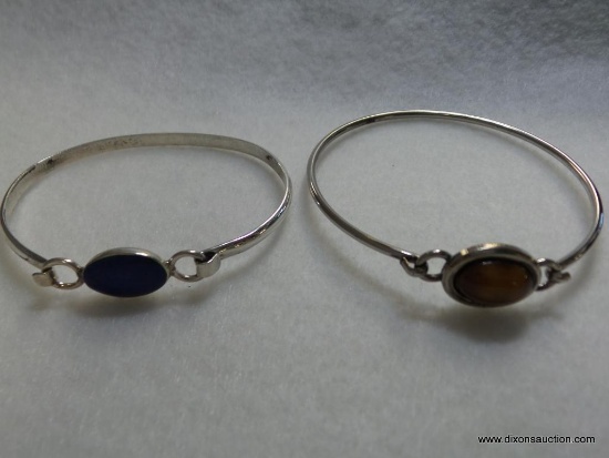 TWO .925 BANGLE BRACELET WITH BLUE/BROWN STONES