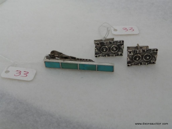 .925 MEN'S TIE BAR SET WITH TURQUOISE AND A PAIR OF .925 CUFFLINKS