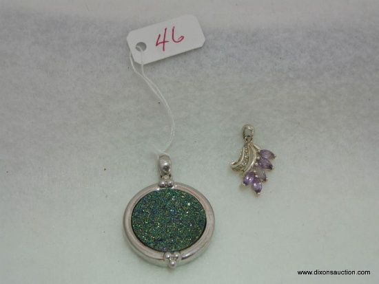 TWO .925 STERLING SILVER PENDANTS ONE SET WITH DRUZY, THE SECOND ONE SET WITH AMETHYST AND CZ'S