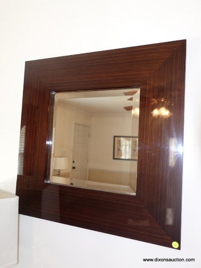 (LR) 1 OF A PAIR OF MODERN FRAMED AND BEVELLED GLASS MIRRORS: 27" X 27"