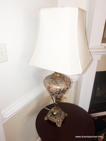 (LR) VERY NICE BRASS AND MARBLE LAMP WITH SHADE AND FINIAL: 16" X 37"