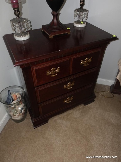 (BR2) MAHOGANY 3 DRAWER NIGHTSTAND WITH BRASS CHIPPENDALE PULLS AND DENTIL MOLDING TOP: 28" X 15.5"