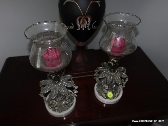 (BR2) PAIR OF MARBLE, BRONZE, AND PRISMED LAMPS WITH GLASS SHADES AND CANDLES: 12" TALL
