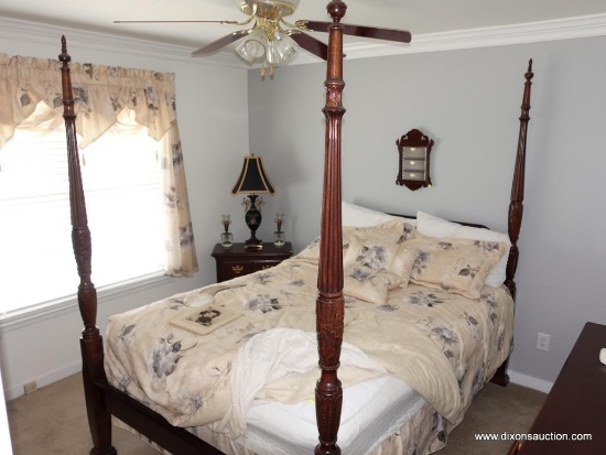 (BR2) QUEEN SIZED MAHOGANY 4 POSTER BED WITH RICE CARVING ON THE POSTS AND WOODEN RAILS. HAS FINIALS