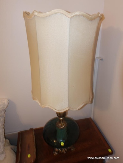 (BR3) BRASS AND BLUE GLASS LAMP WITH SHADE AND FINIAL: 15" X 37"